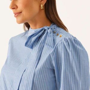 Blusa Manga Longa em Algodão Listrada Azul Claro Vandy