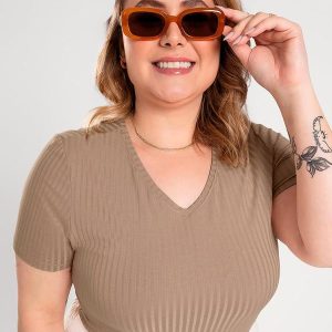 Blusa Plus Size em Canelado Marrom Claro