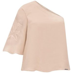 Blusa de um Ombro Só com Manga Ampla e Bege