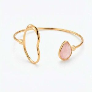 Bracelete com Pedra em Quartzo Rosa Perolado Dourado Sardenha