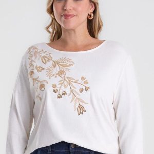 Busa de Manga Longa Bordado Plus Size Bege