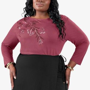 Busa de Manga Longa Bordado Plus Size Vermelho