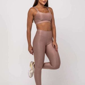 Calça Legging Suplex Canelada Brilho Básica Fashion Marrom