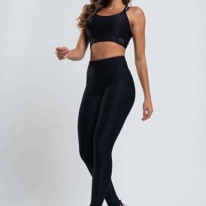 Calça Legging Suplex Canelada Brilho Básica Fashion Preto
