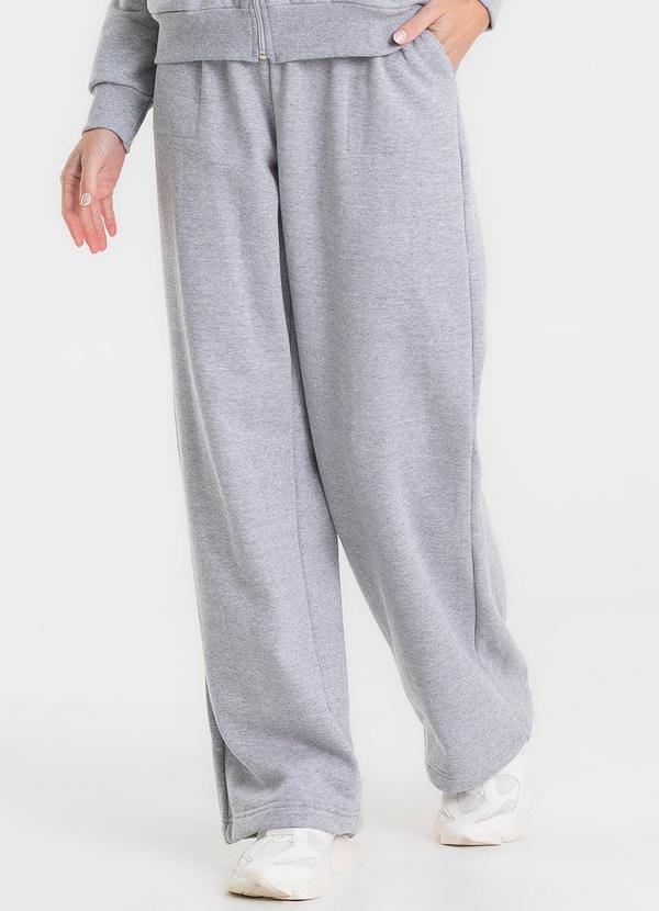 Calça Wide Leg Moletom Peluciado Básico Cinza