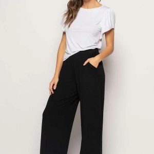 Calça Wide Leg com Bolso Malha Fashion Preto