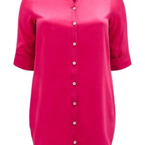 Camisa Alongada Manga 3/4 Botões Tecido Rosa
