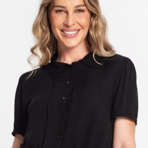 Camisa Feminina Gola Dupla Viscose Sarjada Preto
