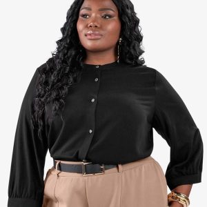 Camisa Manga 3/4 Gola Padre Plus Size Preto