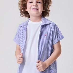 Camisa Manga Curta com Listras Azuis Azul