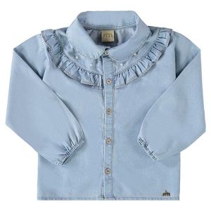 Camisa Menina Jeans Leve Pérolas Azul