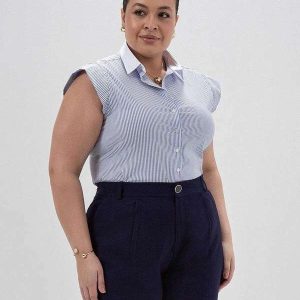 Camisa com Manga Copinho Plus Size Listrada Ludinalva