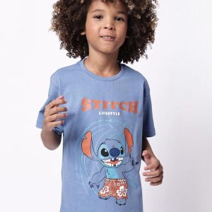 Camiseta Infantil Stitch Manga Curta Azul