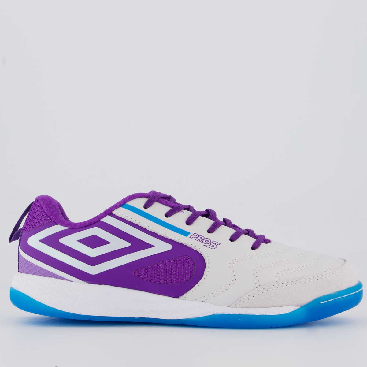 Chuteira Umbro Pro 5 Bump Futsal Branca e Roxa