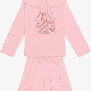 Conjunto Blusa com Gola e Saia Rosa