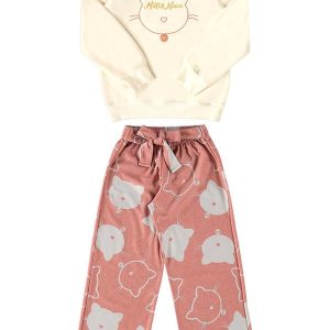 Conjunto Blusão Moletom e Calça Gatinhos Bege
