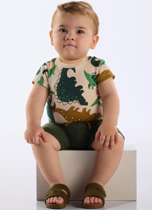 Conjunto Body Dino e Bermuda Bebê Bege