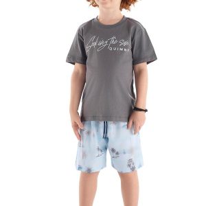Conjunto Camiseta Bermuda Tropical Quimby Cinza