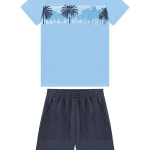 Conjunto Camiseta e Bermuda em Moletinho Azul