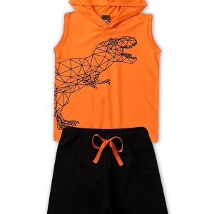 Conjunto Inf Menino Regata Dinossauro Laranja