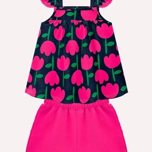Conjunto Infantil Menina Tulipas Azul Marinho