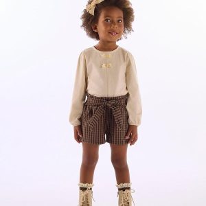 Conjunto Menina Blusa Laço Short Marrom
