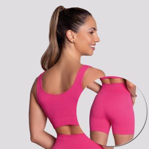Conjunto Top e Shorts Selene Canelado Sem Costura Feminino Rosa