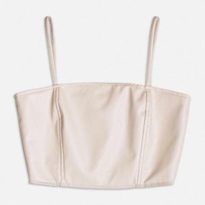 Cropped Fake Leather Creme Bege