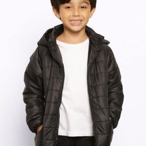 Jaqueta Infantil Puffer Recortes com Capuz Preta