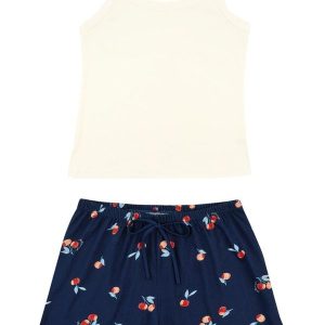 Pijama Curto Cerejas em Ribana Off White