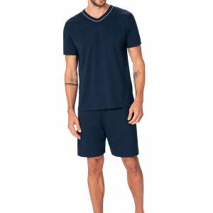 Pijama Curto com Bordado Azul Marinho