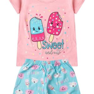Pijama Infantil Menina Curto Algodão Rosa