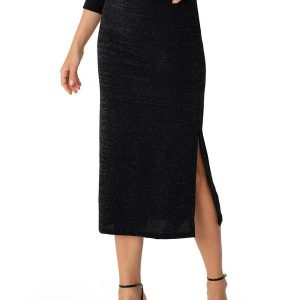 Saia Midi Reta Fenda em Lurex Preto