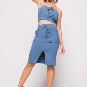 Saia Midi com Bolso Malha Canelada Fashion Azul