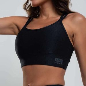 Top Suplex Canelado Brilho Decote e Tiras Fashion Preto