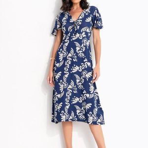 Vestido Arabescos Marinho em Malha de Viscose