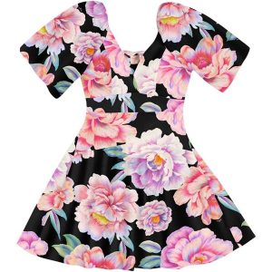Vestido Curto Tricoline Estampada Preto