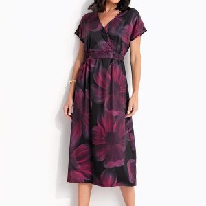 Vestido Floral Bordô em Malha Fria