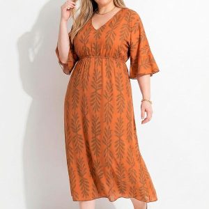 Vestido Folagem Telha em Malha Fria