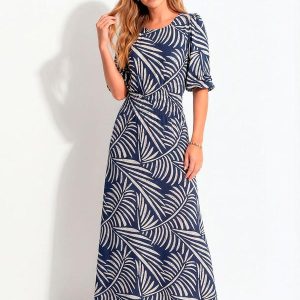 Vestido Folhagem Azul em Malha de Viscose