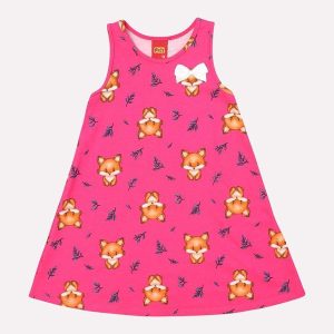 Vestido Infantil Menina Evasê Raposa Rosa