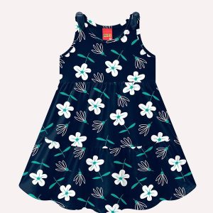 Vestido Infantil Menina Flores Azul Marinho