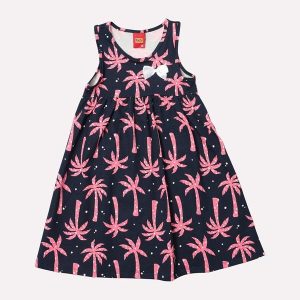 Vestido Infantil Menina Folhagens Azul Marinho
