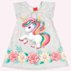 Vestido Infantil Menina Unicórnio Cinza