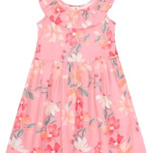 Vestido Infantil Menina de Flores em Malha Rosa