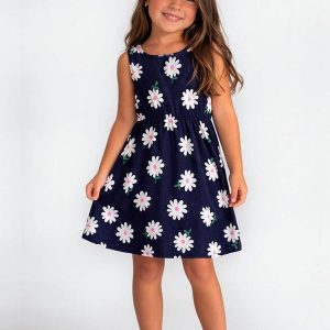 Vestido Infantil com Cintura Franzida Azul