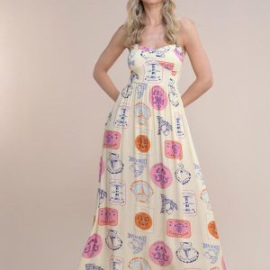 Vestido Longo Viscose Estampada Bege