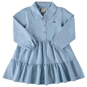 Vestido Menina Jeans Leve Pérolas Azul