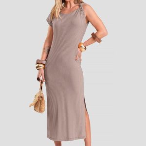 Vestido Midi Canelado Cinza
