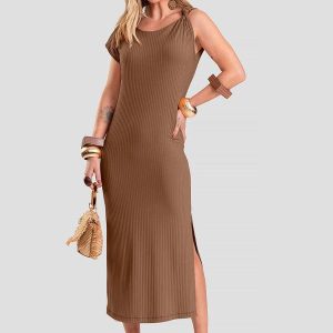 Vestido Midi Canelado Marrom